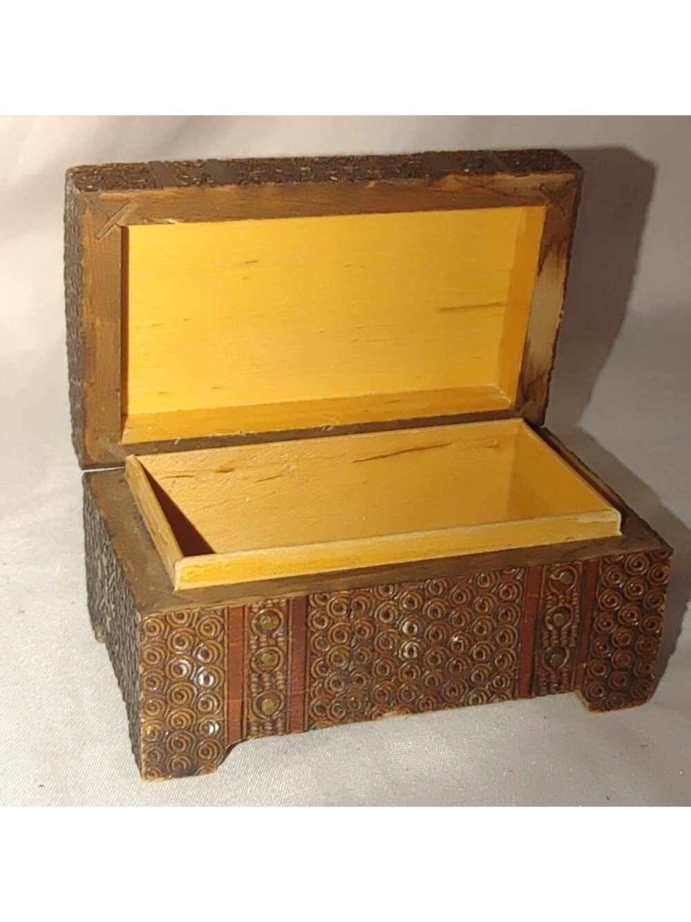 Polish Carved Wooden Jewelry Box Vintage Keepsake Intricate Spiral Designs Hinge